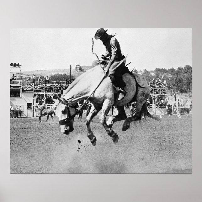 Póster Hombre cabalgando caballo balancín en rodeo (Frente)