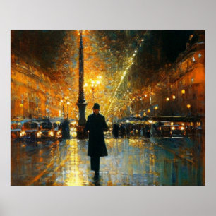 Póster Hombre caminando en la húmeda calle de París Impre