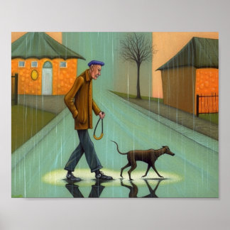 Póster Hombre Caminando Perro En Lluvia