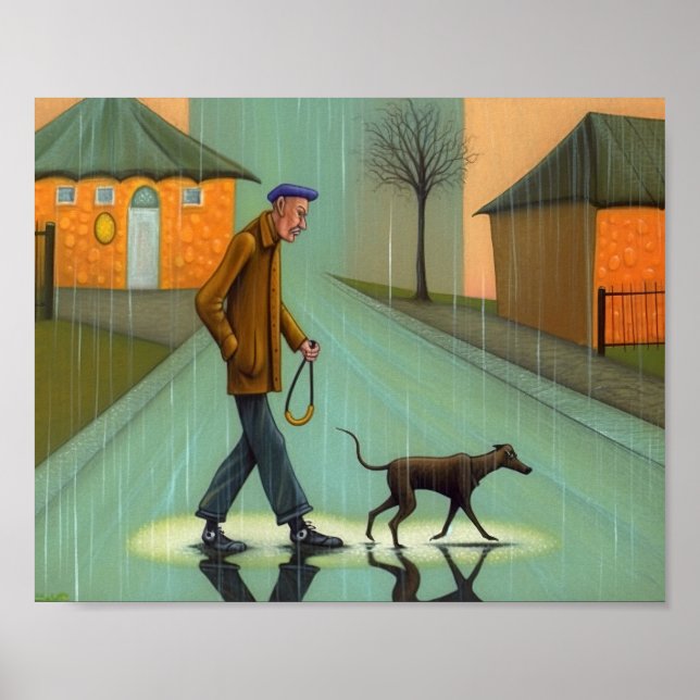 Póster Hombre Caminando Perro En Lluvia (Frente)