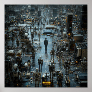 Póster Hombre caminando por un paisaje urbano robotizado