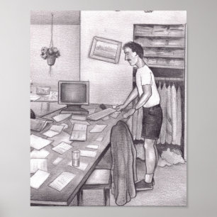 Póster Hombre caucásico adulto parado junto a una mesa de
