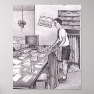 Póster Hombre caucásico adulto parado junto a una mesa de