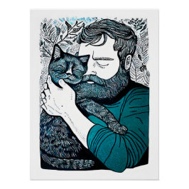 Póster Hombre con barba de Linocut sostiene un gato