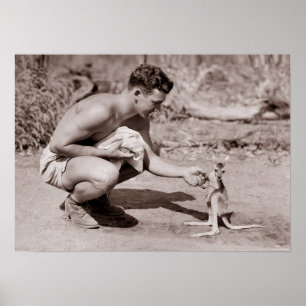 Póster Hombre con canguro bebé