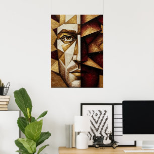 Póster Hombre Cubista de Oro Borgoña - Abstracto Texturiz