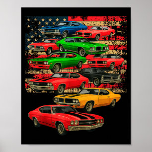Póster Hombre de coche clásico muscular bandera americana