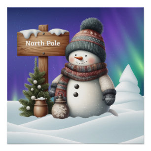 Póster Hombre de nieve blanco en el Polo Norte con luces