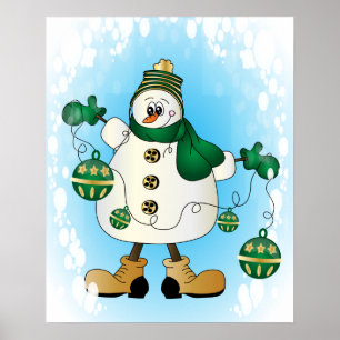 Póster Hombre de nieve con adornos verdes de Navidad