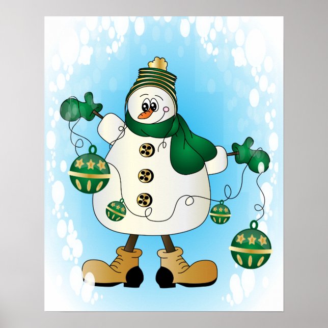 Póster Hombre de nieve con adornos verdes de Navidad (Frente)