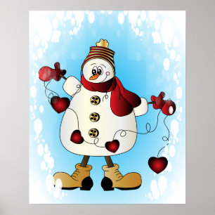 Póster Hombre de nieve con corazones de Navidades rojos