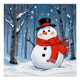 Póster Hombre de nieve en bosque frío con bufanda roja