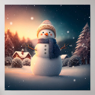 Póster Hombre de nieve lindo en el bosque invernal.
