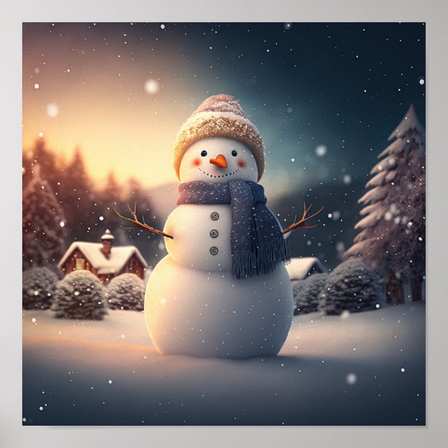 Póster Hombre de nieve lindo en el bosque invernal. (Frente)