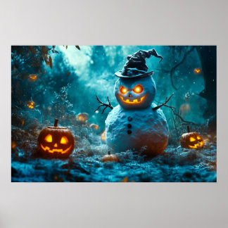 Póster Hombre de nieve malvado con calabazas brillantes e