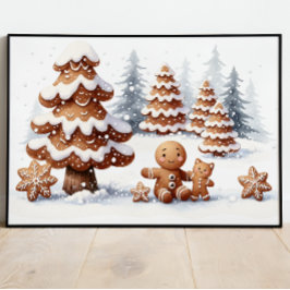 Póster Hombre de pan de jengibre y gato en la nieve