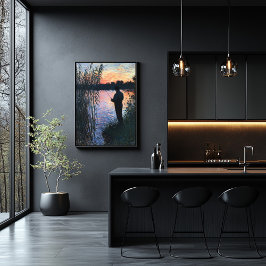 Póster Hombre de silueta pescando al atardecer - Impresio