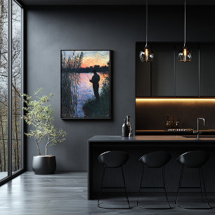 Póster Hombre de silueta pescando al atardecer - Impresio