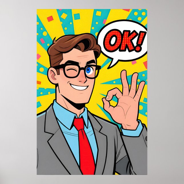 Póster Hombre diciendo OK Pop Art (Frente)