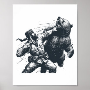 Póster Hombre divertido del oso golpeando al oso retro vi