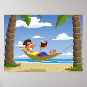 Póster Hombre divertido relajándose en hamaca de playa