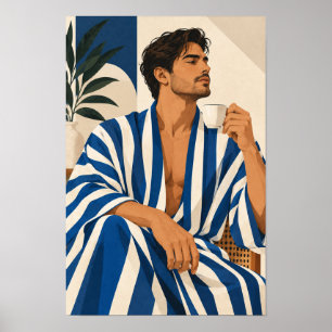 Póster Hombre elegante con café Azul Rayado Moderno A