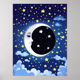 Póster Hombre en la luna con fondo estrellado