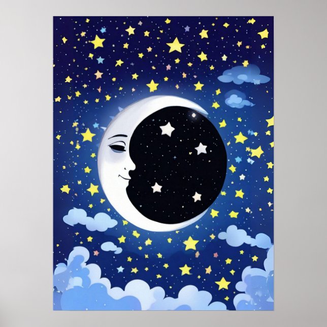Póster Hombre en la luna con fondo estrellado (Frente)