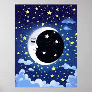Póster Hombre en la Luna sobre un fondo estrellado