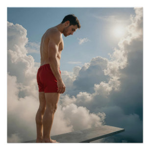 Póster Hombre en un trampolín en las nubes