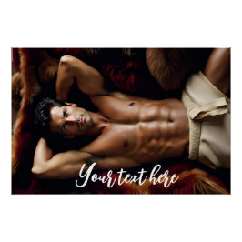 Póster Hombre en una alfombra de piel de oso