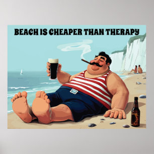 Póster Hombre en una playa con una cerveza, cita divertid