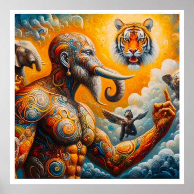 Póster hombre espiritual tigre elefante colorido (Frente)