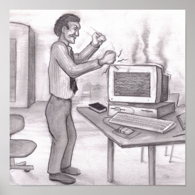 Póster Hombre golpeando puños en monitor de computadora h (Frente)