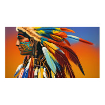 Hombre indio americano plumas Tatuaje azul naranja