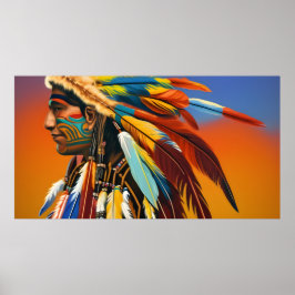Póster Hombre indio americano plumas Tatuaje azul naranja