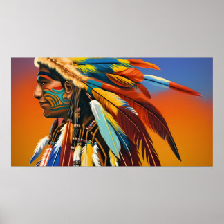 Póster Hombre indio americano plumas Tatuaje azul naranja