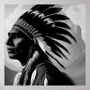 Póster Hombre indio nativo americano blanco y negro monoc