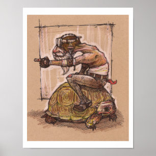 Póster Hombre montando una tortuga dibujando poster