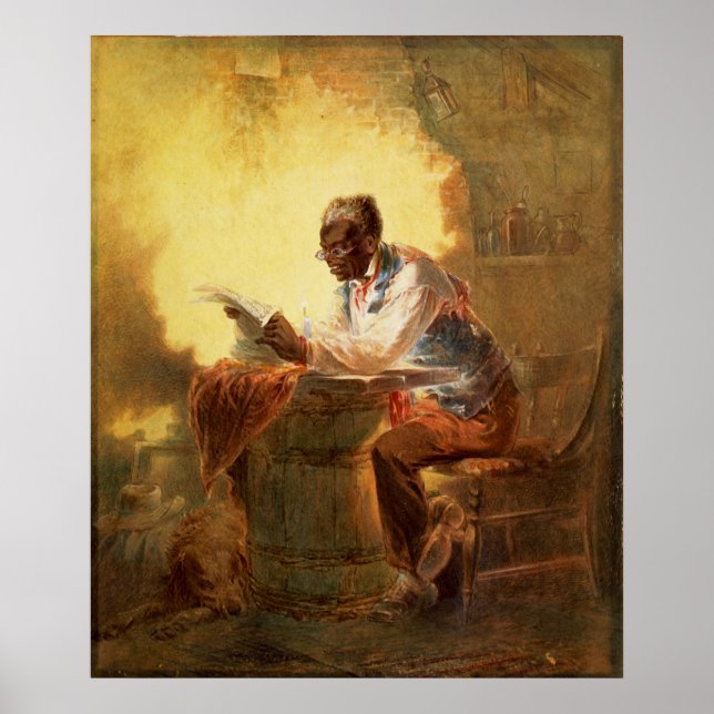 Póster Hombre negro leyendo periódico a la luz de las vel (Frente)