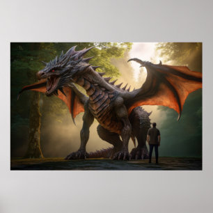 Póster Hombre parado frente al dragón,