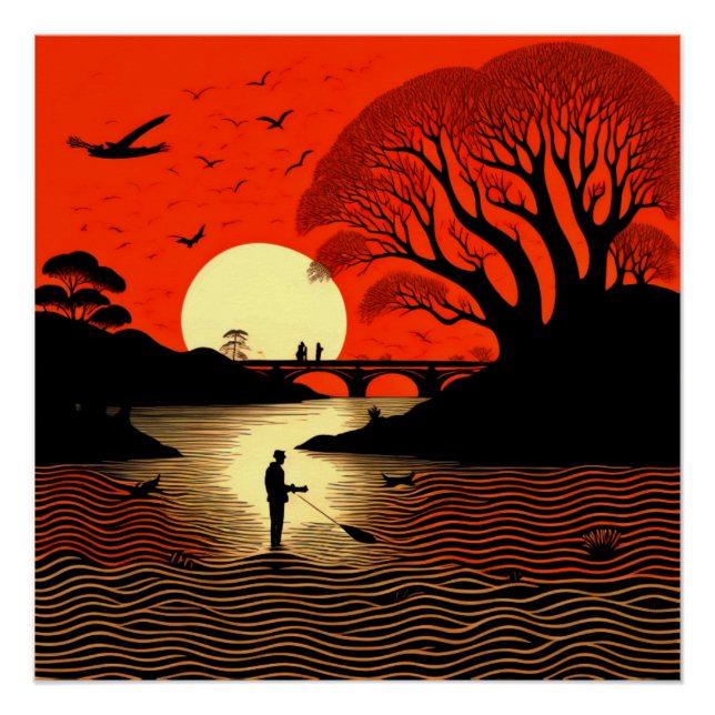 Póster Hombre pescando al atardecer (Anverso)