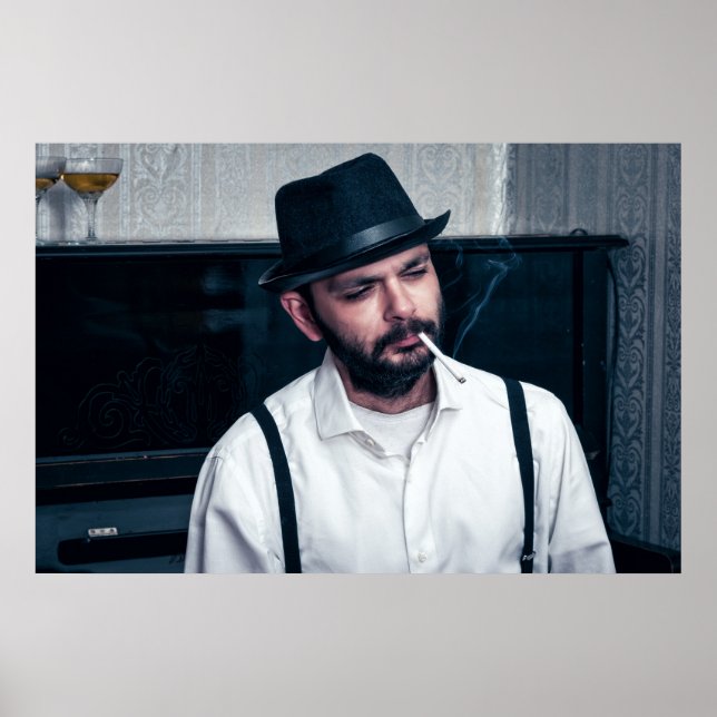 Póster Hombre retro tocando piano y fumando (Frente)