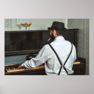 Póster Hombre retro tocando piano y fumando