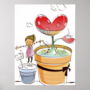 Póster Hombre riego una planta maceta