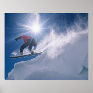 Póster Hombre saltando desde una gran cornisa en una snow