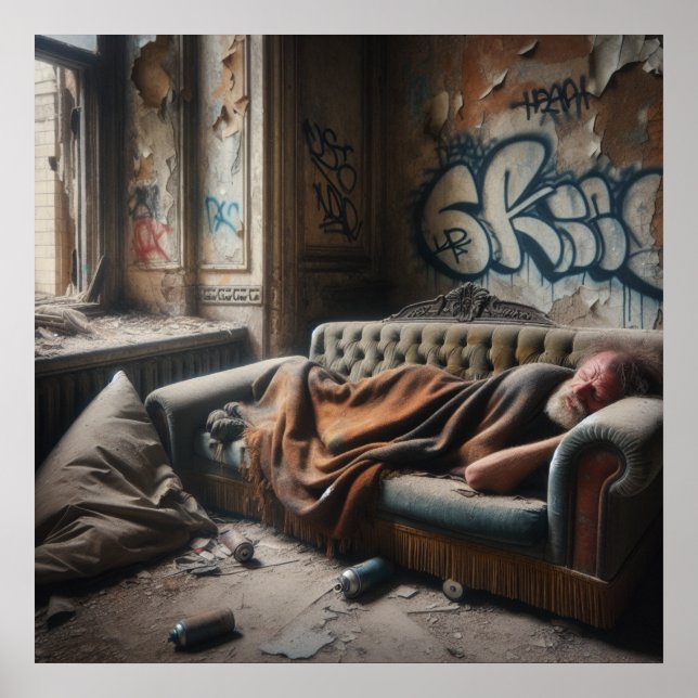 Póster Hombre sin hogar durmiendo en un edificio abandona (Frente)