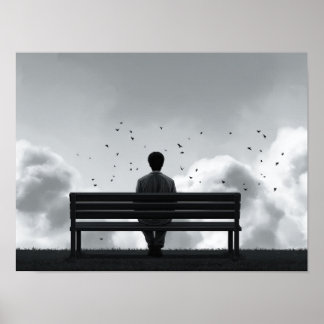 Póster Hombre Solitario en Banco Observando Ilustración d