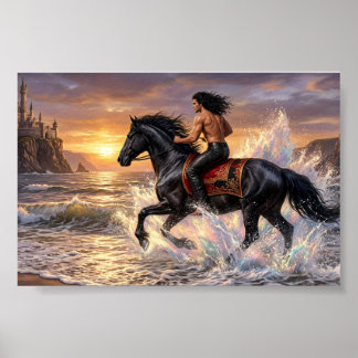 Póster Hombre soñador a caballo en la playa al atardecer