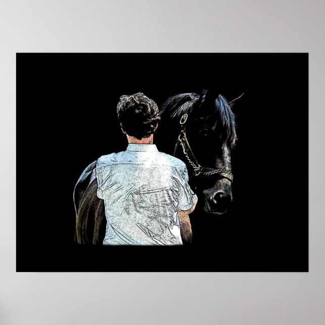 Póster Hombre sosteniendo a caballo Poster oscuro (Frente)
